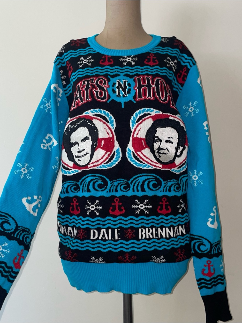 Spencer's Bright Blue Graphic Crewneck Holiday Sweater StepBrothers